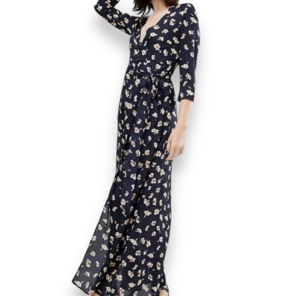GOLDIE Women's Long Sleeve V-Neck Navy Floral Maxi Dress‎ Size Small | EUC